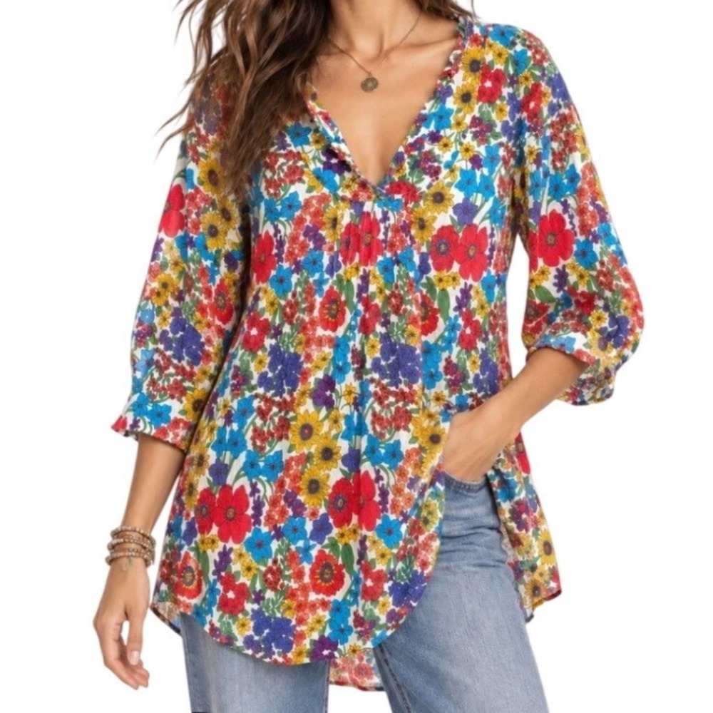 Natural Life Floral Tunic Top L/XL V-Neck Cotton Multi-Color Boho Relaxed Fit
